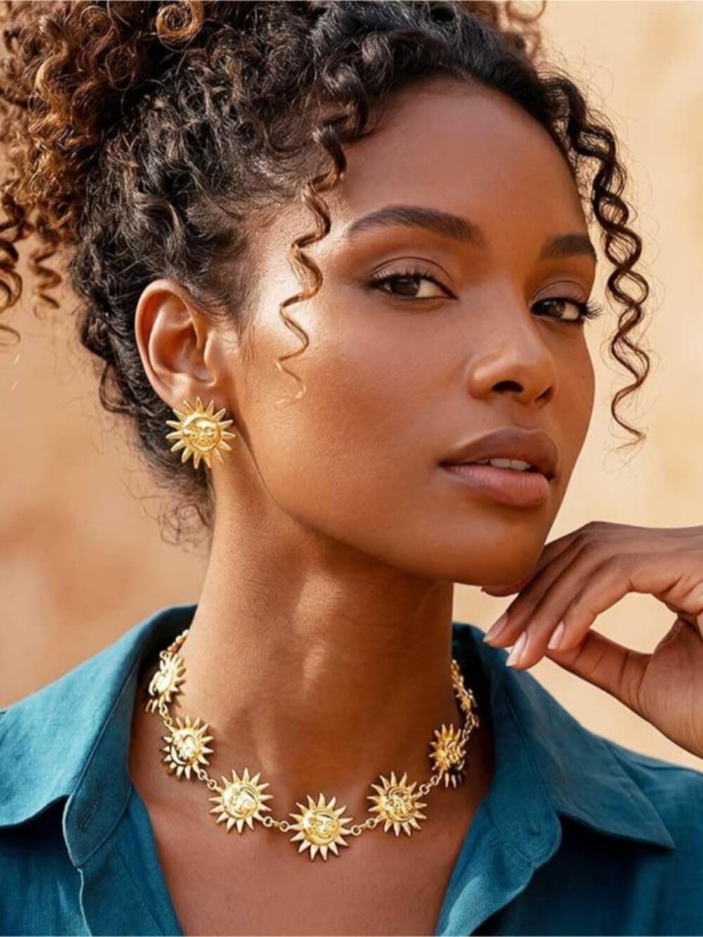 Gold Sunburst Necklace and Earrings Set